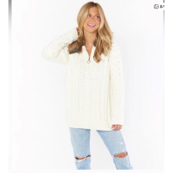 Show Me Your Mumu Sun Valley Pullover Cream Cable Knit Sweater Faux Fur Collar - Picture 12 of 15